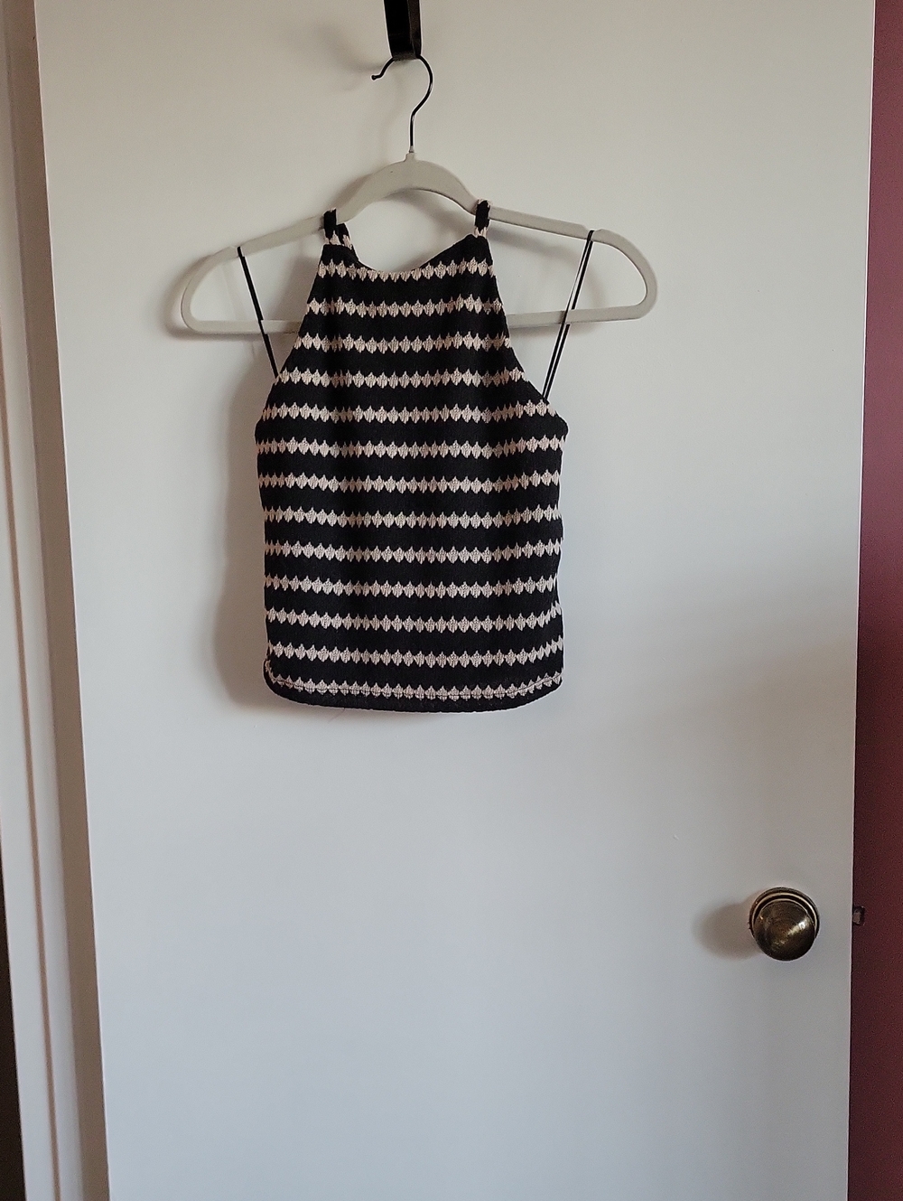 Express Black and Cream Striped Halter Crop Top